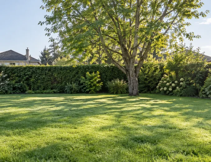 A mown suburban back lawn with a mature tree and a hedge along the far boundary